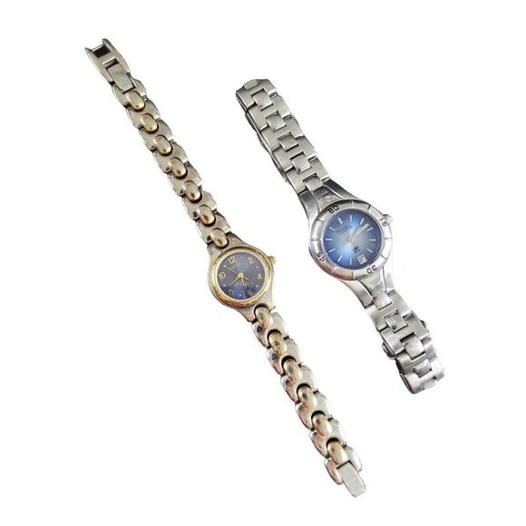 FOSSIL F2 & Fossil Blue Ladies Date Silver Gold Tone Women's Watch Lot of 2 - Picture 2 of 8